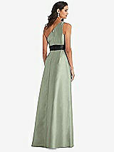 Rear View Thumbnail - Sage & Black One-Shoulder Bow-Waist Maxi Dress with Pockets