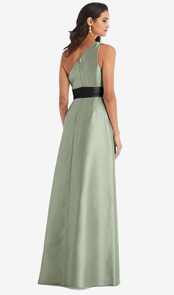 Back View - Sage & Black One-Shoulder Bow-Waist Maxi Dress with Pockets