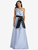 Front View Thumbnail - Sky Blue & Black One-Shoulder Bow-Waist Maxi Dress with Pockets