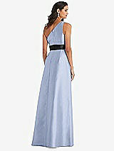 Rear View Thumbnail - Sky Blue & Black One-Shoulder Bow-Waist Maxi Dress with Pockets