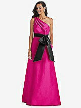 Front View Thumbnail - Think Pink & Black One-Shoulder Bow-Waist Maxi Dress with Pockets