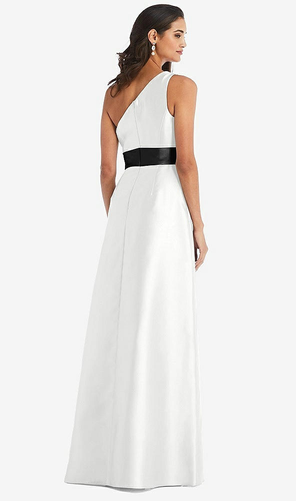 Back View - White & Black One-Shoulder Bow-Waist Maxi Dress with Pockets