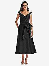 Front View Thumbnail - Black & Black Off-the-Shoulder Bow-Waist Midi Dress with Pockets