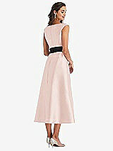 Rear View Thumbnail - Blush & Black Off-the-Shoulder Bow-Waist Midi Dress with Pockets