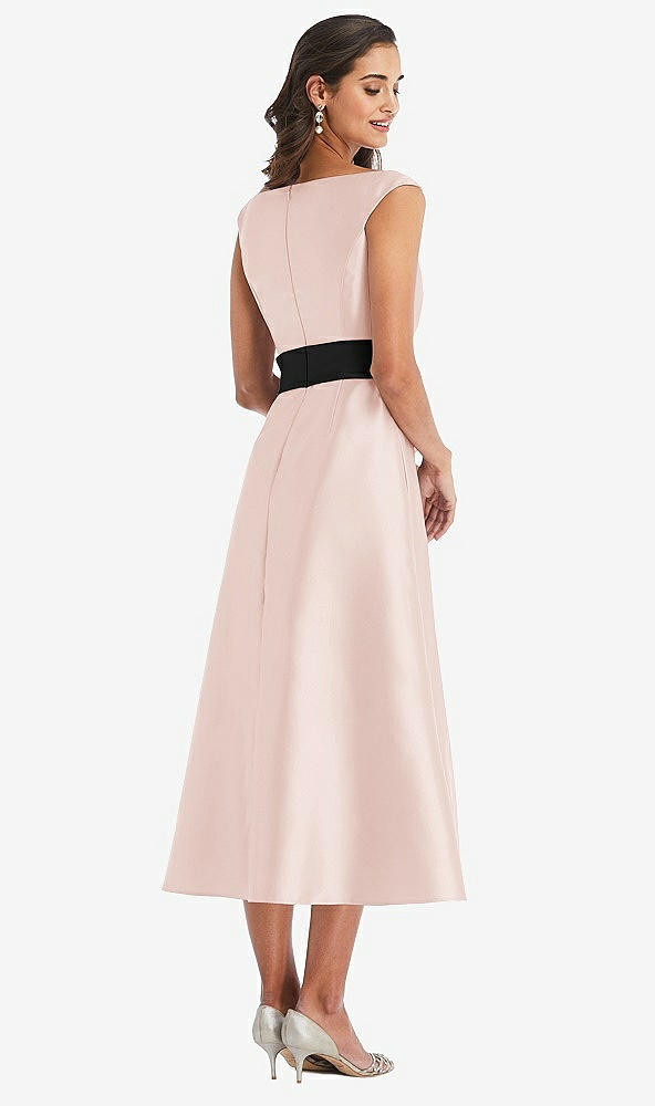 Back View - Blush & Black Off-the-Shoulder Bow-Waist Midi Dress with Pockets