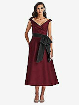 Front View Thumbnail - Cabernet & Black Off-the-Shoulder Bow-Waist Midi Dress with Pockets
