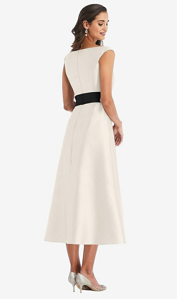 Back View - Ivory & Black Off-the-Shoulder Bow-Waist Midi Dress with Pockets