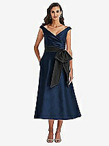 Front View Thumbnail - Midnight Navy & Black Off-the-Shoulder Bow-Waist Midi Dress with Pockets