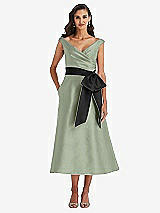 Front View Thumbnail - Sage & Black Off-the-Shoulder Bow-Waist Midi Dress with Pockets