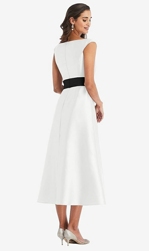 Back View - White & Black Off-the-Shoulder Bow-Waist Midi Dress with Pockets