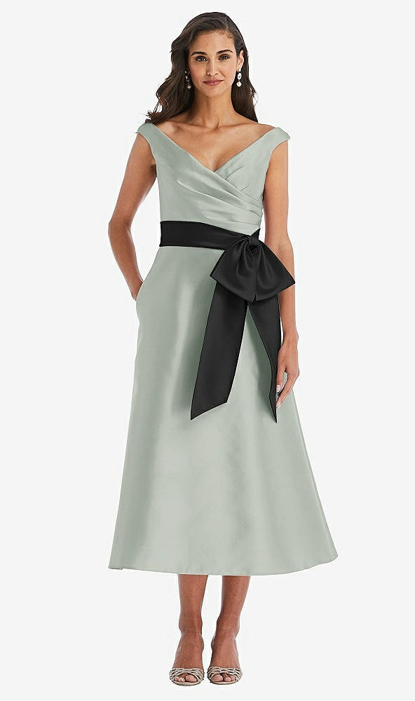Front View - Willow Green & Black Off-the-Shoulder Bow-Waist Midi Dress with Pockets