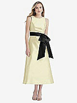 Front View Thumbnail - Butter Yellow & Black High-Neck Bow-Waist Midi Dress with Pockets