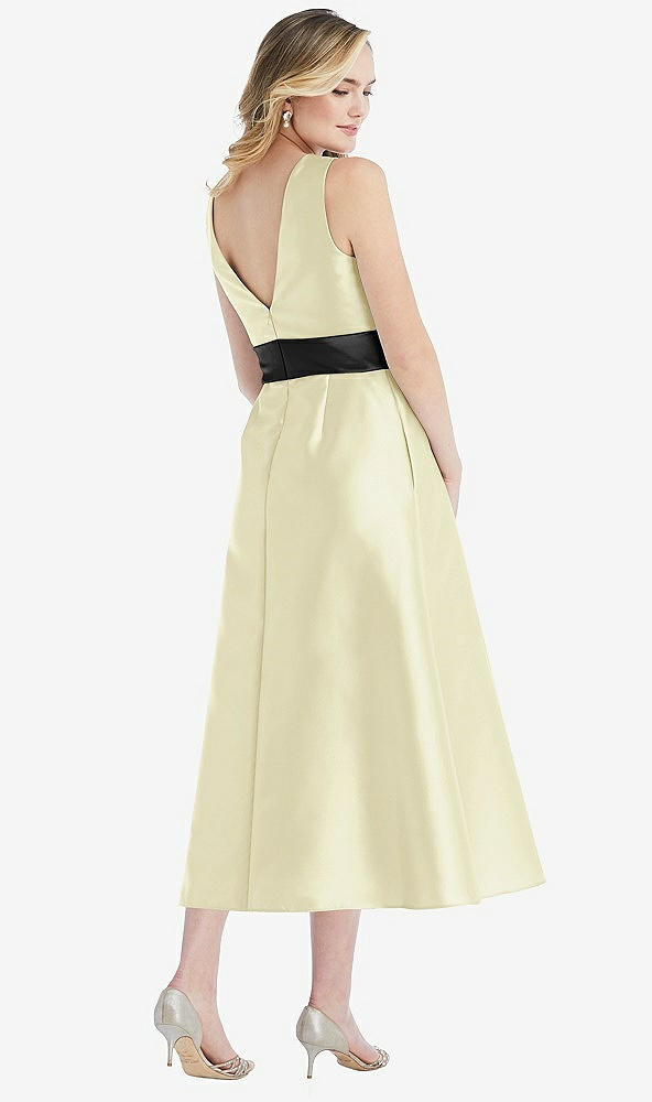 Back View - Butter Yellow & Black High-Neck Bow-Waist Midi Dress with Pockets