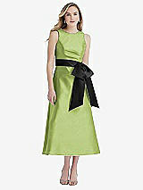Front View Thumbnail - Mojito & Black High-Neck Bow-Waist Midi Dress with Pockets