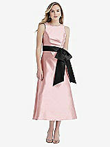 Front View Thumbnail - Ballet Pink & Black High-Neck Bow-Waist Midi Dress with Pockets