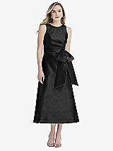 Front View Thumbnail - Black & Black High-Neck Bow-Waist Midi Dress with Pockets