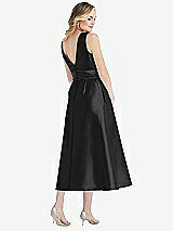 Rear View Thumbnail - Black & Black High-Neck Bow-Waist Midi Dress with Pockets