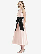 Side View Thumbnail - Blush & Black High-Neck Bow-Waist Midi Dress with Pockets