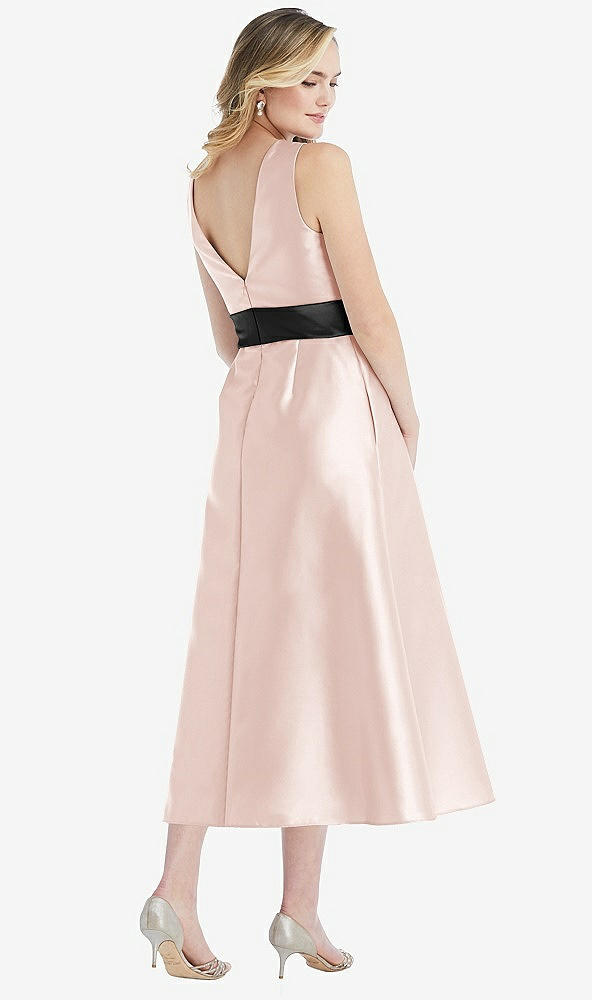 Back View - Blush & Black High-Neck Bow-Waist Midi Dress with Pockets