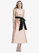 Front View Thumbnail - Cameo & Black High-Neck Bow-Waist Midi Dress with Pockets