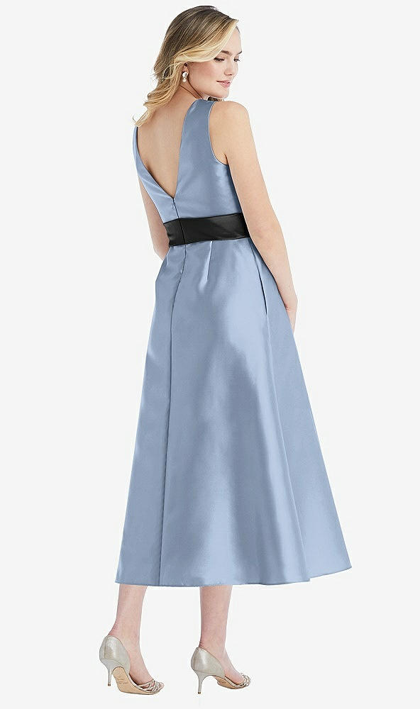 Back View - Cloudy & Black High-Neck Bow-Waist Midi Dress with Pockets
