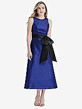 Front View Thumbnail - Cobalt Blue & Black High-Neck Bow-Waist Midi Dress with Pockets