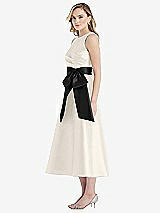 Side View Thumbnail - Ivory & Black High-Neck Bow-Waist Midi Dress with Pockets