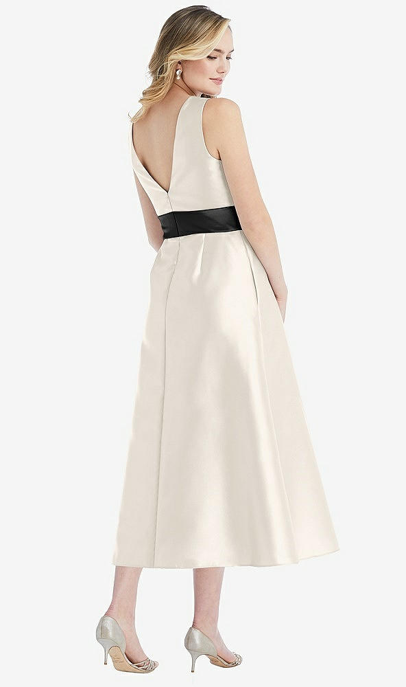 Back View - Ivory & Black High-Neck Bow-Waist Midi Dress with Pockets