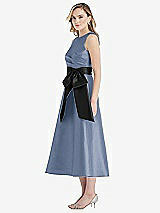 Side View Thumbnail - Larkspur Blue & Black High-Neck Bow-Waist Midi Dress with Pockets