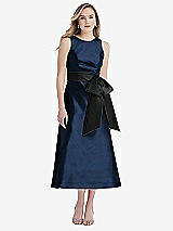 Front View Thumbnail - Midnight Navy & Black High-Neck Bow-Waist Midi Dress with Pockets