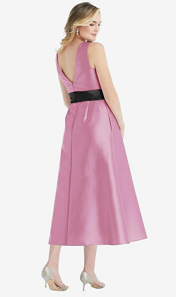 Back View - Powder Pink & Black High-Neck Bow-Waist Midi Dress with Pockets