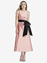 Front View Thumbnail - Rose & Black High-Neck Bow-Waist Midi Dress with Pockets