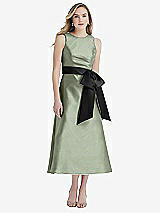 Front View Thumbnail - Sage & Black High-Neck Bow-Waist Midi Dress with Pockets