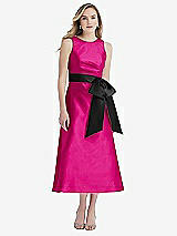 Front View Thumbnail - Think Pink & Black High-Neck Bow-Waist Midi Dress with Pockets