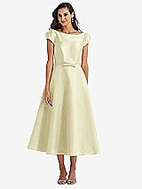 Side View Thumbnail - Butter Yellow Puff Sleeve Bow-Waist Full Skirt Satin Midi Dress