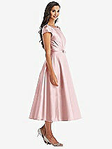 Front View Thumbnail - Ballet Pink Puff Sleeve Bow-Waist Full Skirt Satin Midi Dress