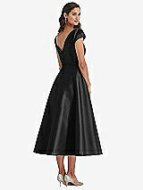 Rear View Thumbnail - Black Puff Sleeve Bow-Waist Full Skirt Satin Midi Dress