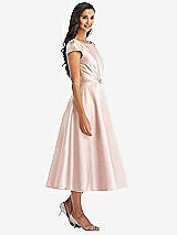 Front View Thumbnail - Blush Puff Sleeve Bow-Waist Full Skirt Satin Midi Dress
