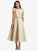 Side View Thumbnail - Champagne Puff Sleeve Bow-Waist Full Skirt Satin Midi Dress