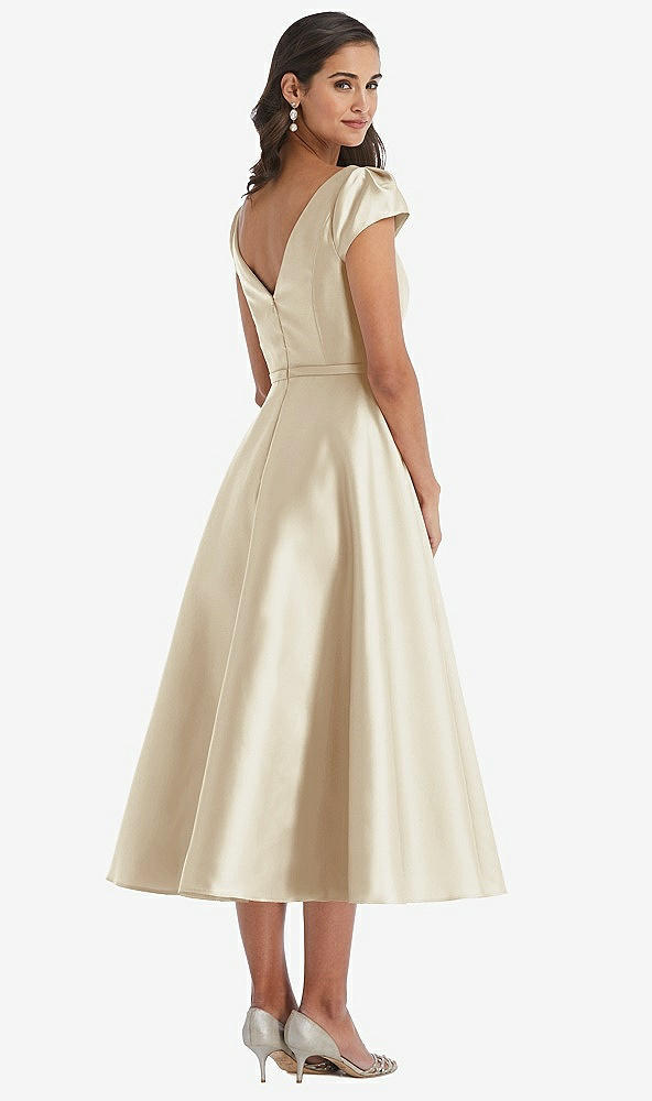 Back View - Champagne Puff Sleeve Bow-Waist Full Skirt Satin Midi Dress