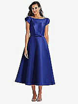 Side View Thumbnail - Cobalt Blue Puff Sleeve Bow-Waist Full Skirt Satin Midi Dress
