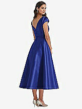 Rear View Thumbnail - Cobalt Blue Puff Sleeve Bow-Waist Full Skirt Satin Midi Dress