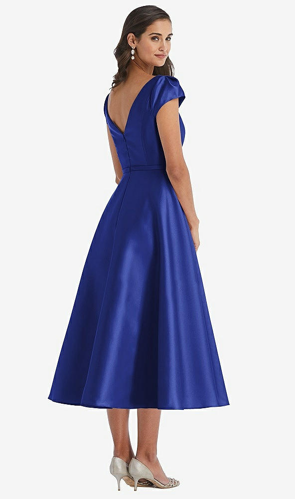 Back View - Cobalt Blue Puff Sleeve Bow-Waist Full Skirt Satin Midi Dress