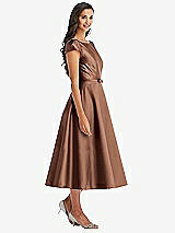 Front View Thumbnail - Cognac Puff Sleeve Bow-Waist Full Skirt Satin Midi Dress
