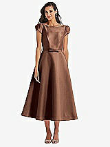 Side View Thumbnail - Cognac Puff Sleeve Bow-Waist Full Skirt Satin Midi Dress
