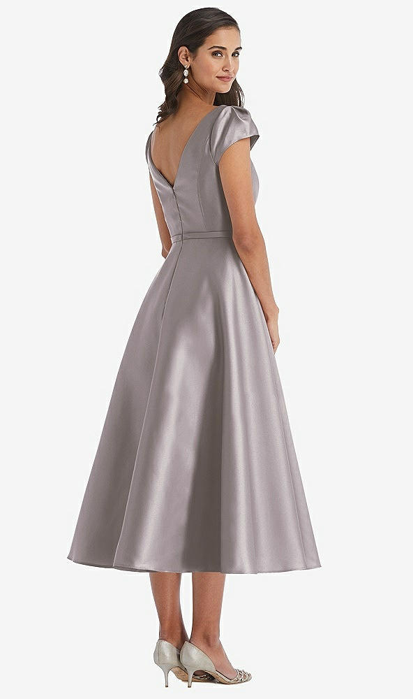 Back View - Cashmere Gray Puff Sleeve Bow-Waist Full Skirt Satin Midi Dress