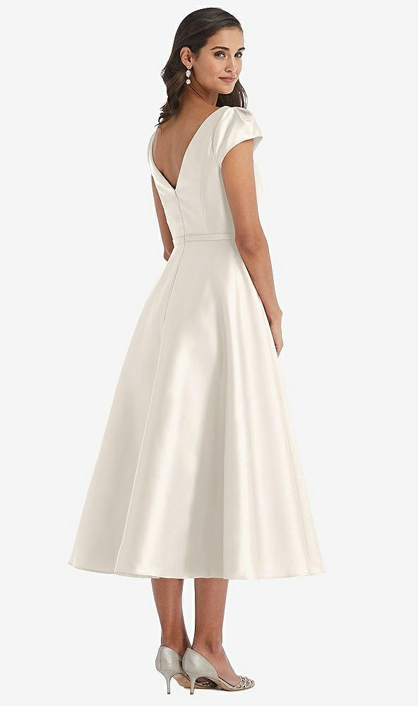 Back View - Ivory Puff Sleeve Bow-Waist Full Skirt Satin Midi Dress