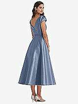 Rear View Thumbnail - Larkspur Blue Puff Sleeve Bow-Waist Full Skirt Satin Midi Dress