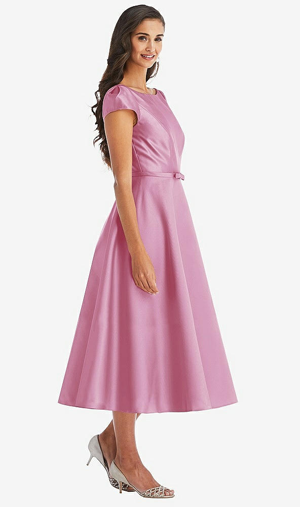 Front View - Powder Pink Puff Sleeve Bow-Waist Full Skirt Satin Midi Dress