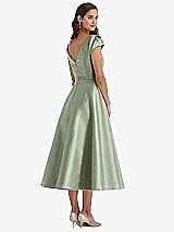 Rear View Thumbnail - Sage Puff Sleeve Bow-Waist Full Skirt Satin Midi Dress